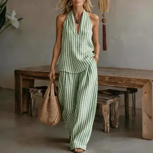 Women’s Summer Striped 2 Piece Boho Halter Neck Two Piece Set Casual Travel Sleeveless V Neck Sweater Backless Vest High Waist Wide Leg Pants Outfits Casual Beach Vocation Matching Set