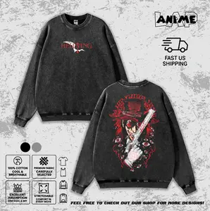 Hellsing Alucard Vintage Washed Shirt Retro Anime Streetwear Men Women Tee Hoodie Sweatshirt Tank Top Acid Wash Heavy Cotton Vampire Graphic Aesthetic T-Shirt