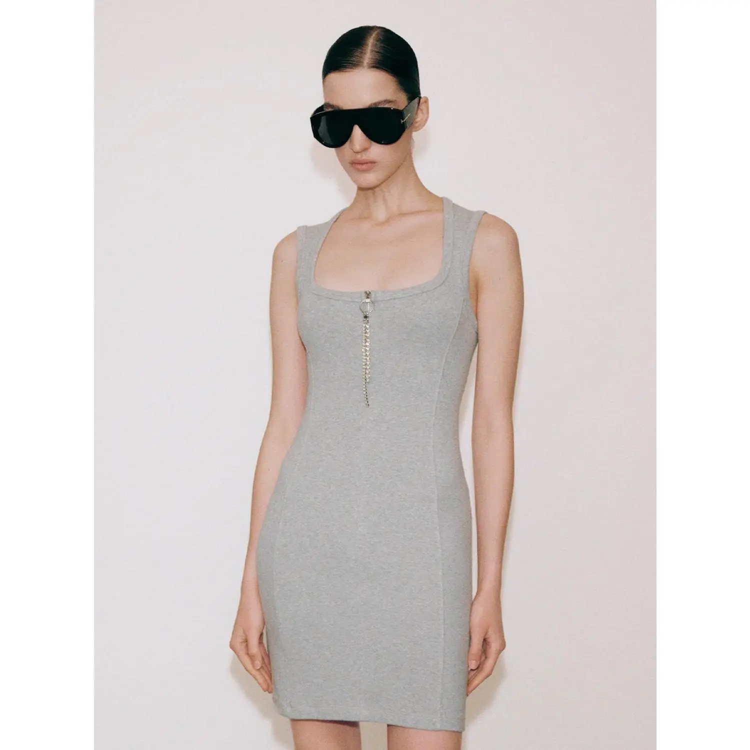 URBAN REVIVO Women's Basic Elegant A-Line Mini Dress in Thick Stretch Cotton, U-Neck Long Sleeve with Rhinestone Accent, Fabric