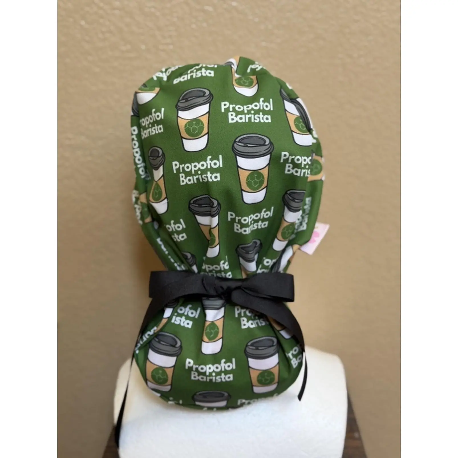 Propofol Barista Green and Black Scrub Caps for Anesthesia with Propofol Barista Design