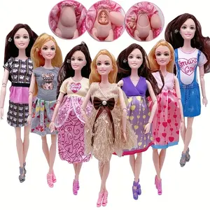11.8''/30cm Fashion Movable Joints Pregnant Dolls Mom with 2 Babies Modern Dress Princess Doll Educational Toy, Interactive Play, Pretend Play, Durable Toy, Well made Doll