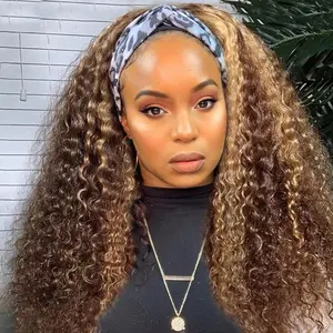 Highlight 4/27 Headband Wig Human Hair Kinky Curly Headband Wigs For Black Women No Gel Glueless None Lace Front Wigs 180% Density Brazilian Kinky Curly Remy Hair Wear And Go Machine Made Wigs Glueless Curly Headband Wig