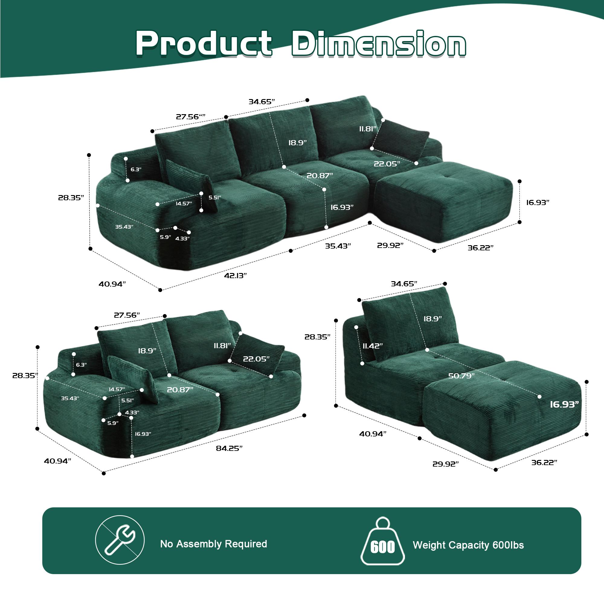 QAK 114" Cloud Modular Section Sofa Large Sectional for Living Room Pet-friendly Corduroy Fabric Extra-deep Seat High-Density Foam Individual Springs No Assembly Needed