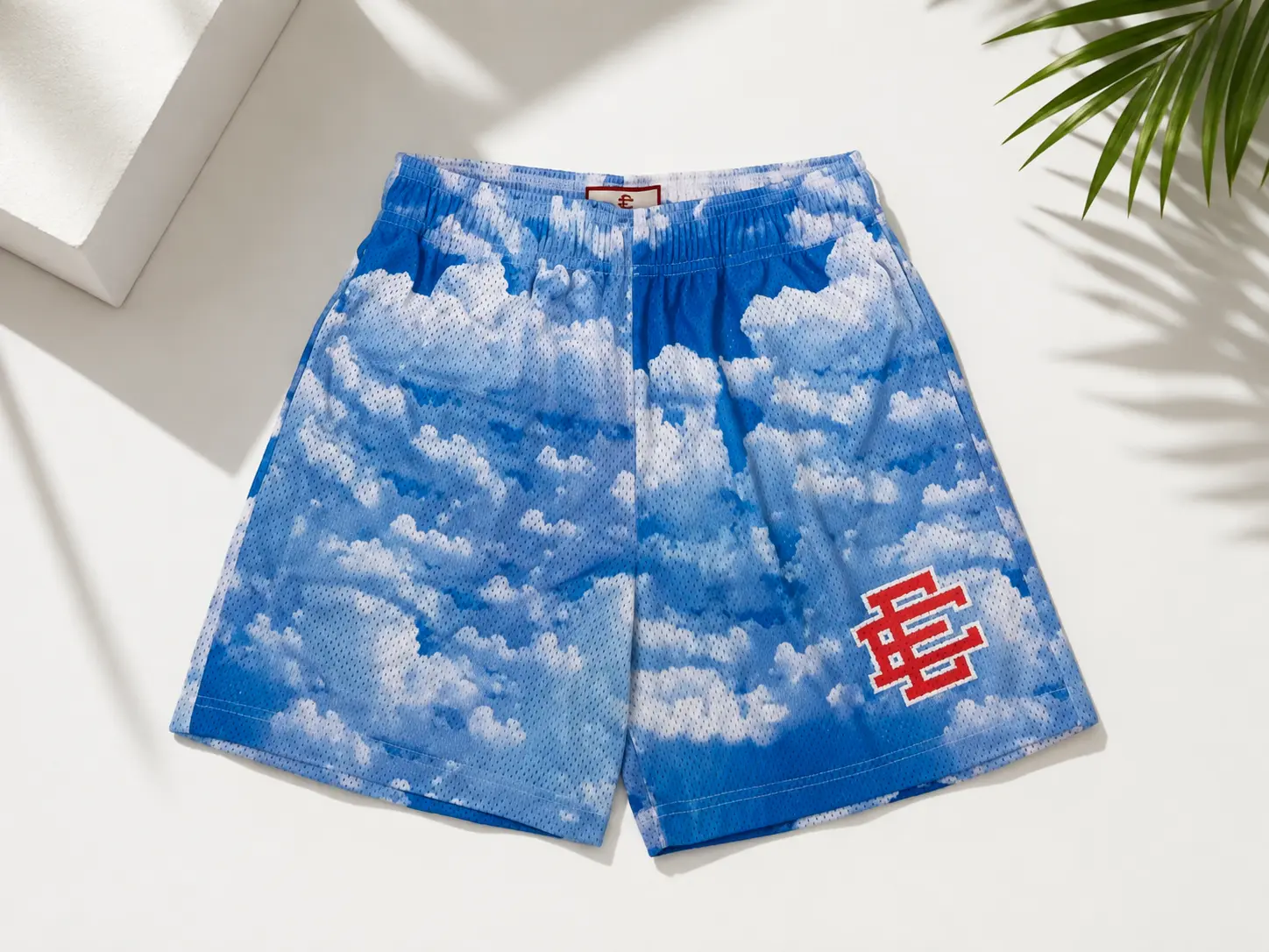 Men’s Blue Cloud Print Mesh Shorts – Sky Graphic Summer Athletic Shorts, Lightweight Casual Streetwear, Beach Vacation & Lounge Bottoms