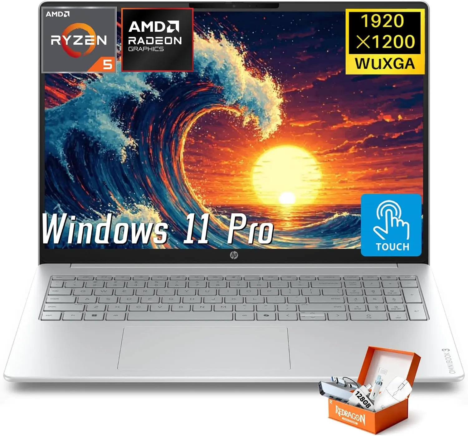 HP OmniBook 3 16 inch Touchscreen Laptop, AMD Ryzen 5, 8GB RAM, 256GB SSD | Max 14H Battery Life, 2K Anti-Glare Display, AMD Radeon 610M, Wi-Fi 6, Win 11 Pro, Accessories