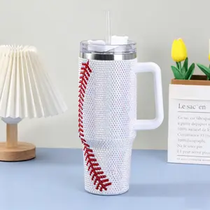40 Oz Rhinestone Bling Tumbler Cup with Handle and Straw (White BASEBALL), Stainless Steel and Double Wall Insulated