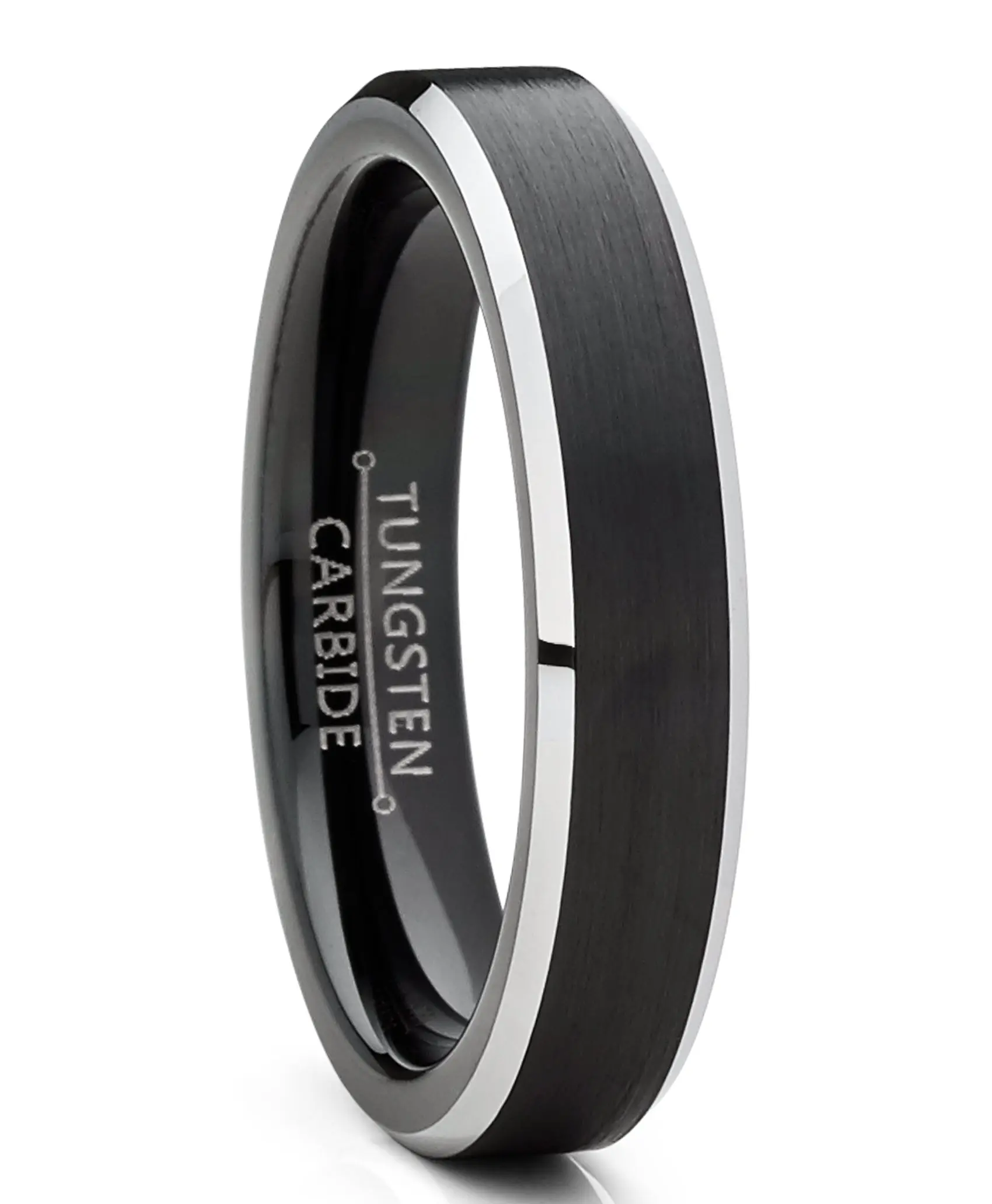 Unisex Adults' Black Tungsten Carbide Ring Jewelry, 4mm Matte Finish, Beveled Polished Edge, Comfort Fit, Hypoallergenic, Laser Engrave Compatible