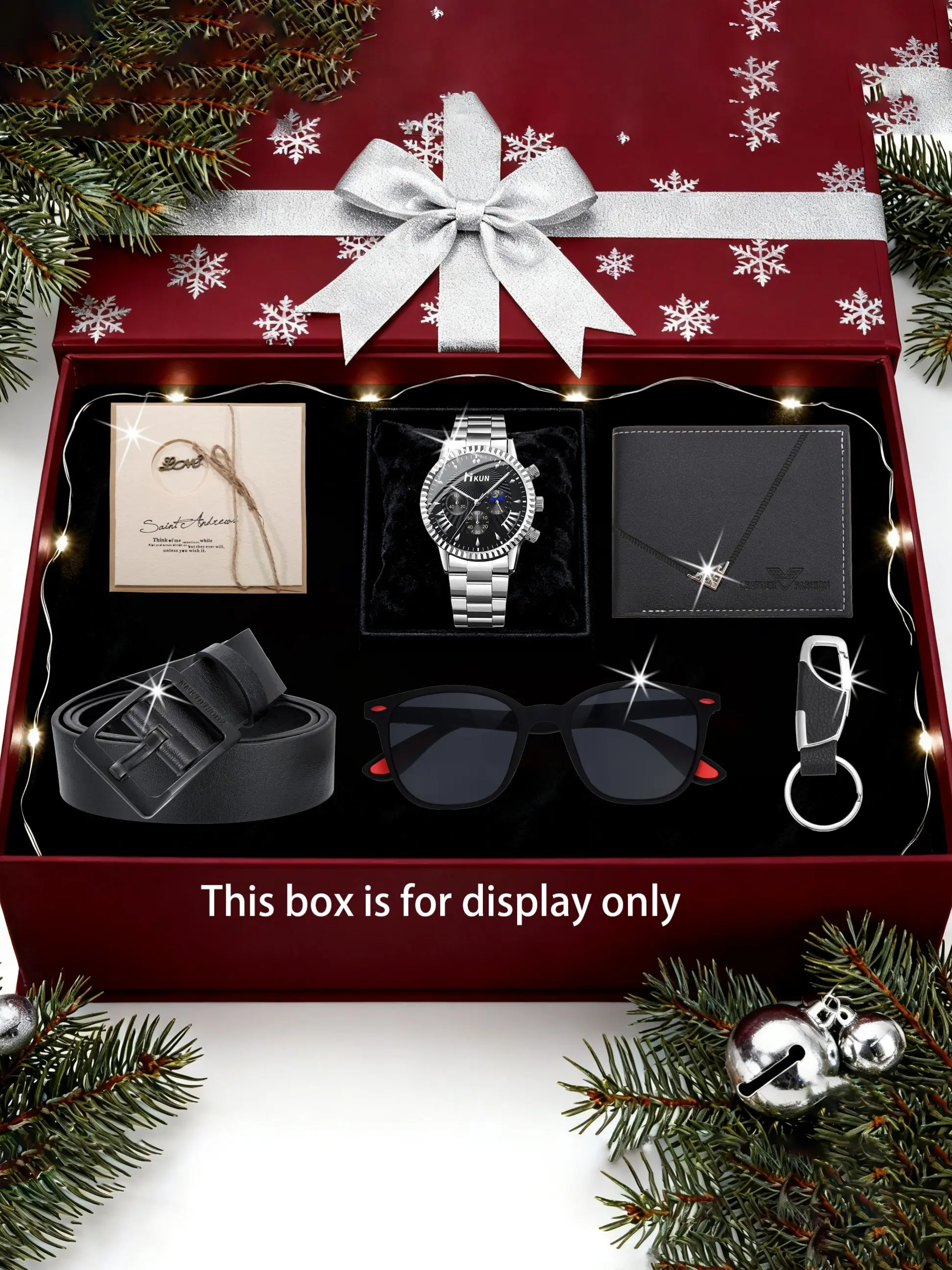 6pcs Men's Fashion Watch Set with Belt, Wallet, Glasses, Keychain, Card, Men Accessories, Men Gifts, Perfect Gift for Holidays, Ideal for Gifting, High-Quality Quartz Movement