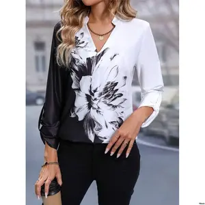 LongSleeveTops EMERYROSEFloralPrintRollTabSleeveBlouse