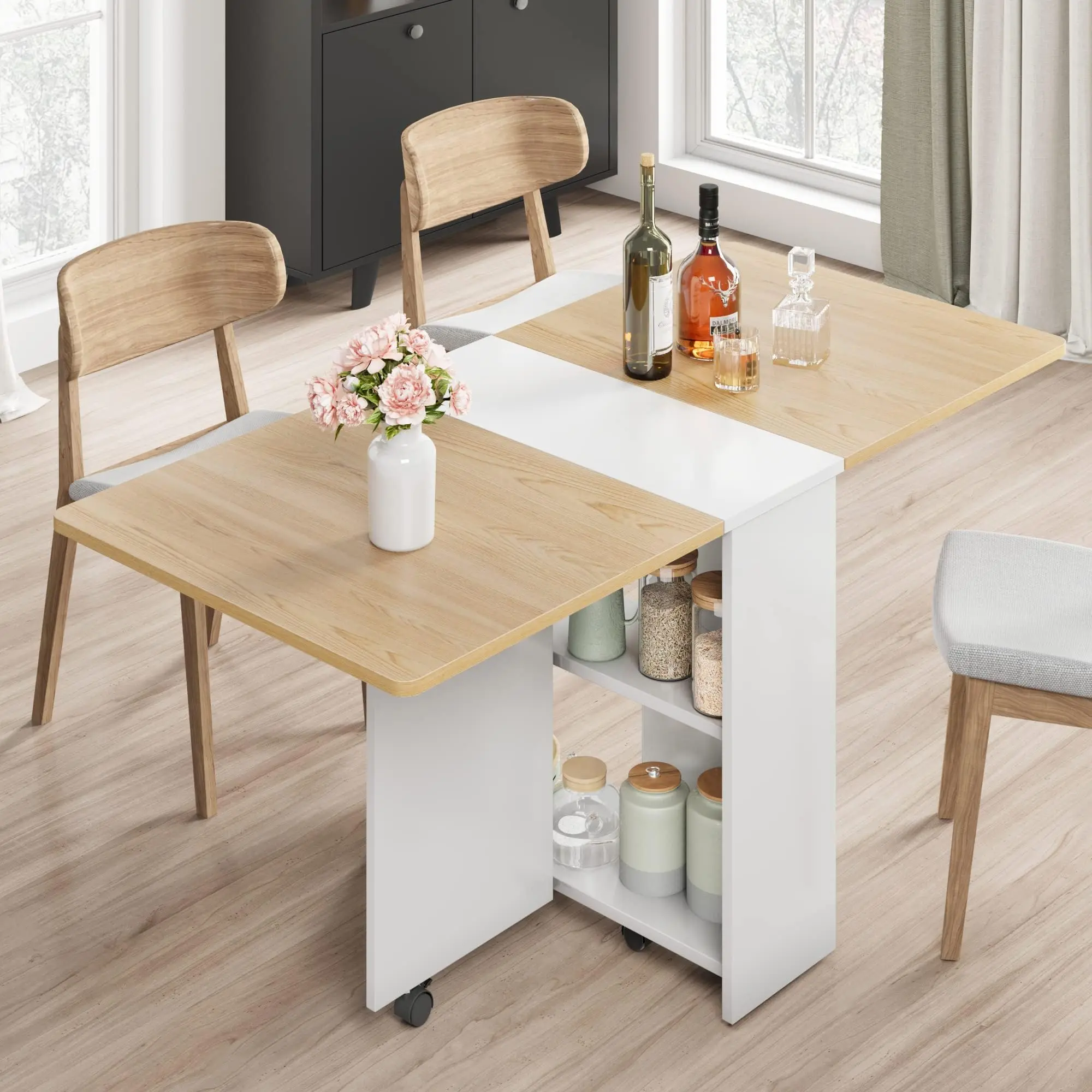 Folding Dining Table, Drop Leaf Table with 6 Wheels and 2-Layer Storage Shelf, Space Saving Dining Table for Small Spaces (Natural Wood, 47.2" D x 23.6" W x 29.5" H), island desk