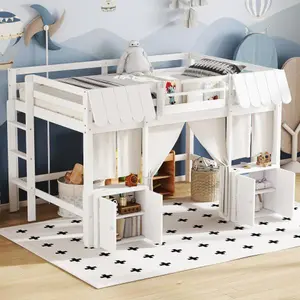 【Bellemave】Twin/Full Loft Bed with Built-in Bookshelf, Curtain, and Storage Shelf Amusement Park-Inspired Playful Design Safety Guardrails, White