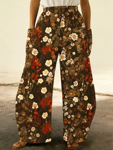 Vintage Warm Floral Wide Leg Womenswear Pants, European Countryside Boho Style Loose Casual Pocketed Vacation Long Pants, All Seasons Fashion