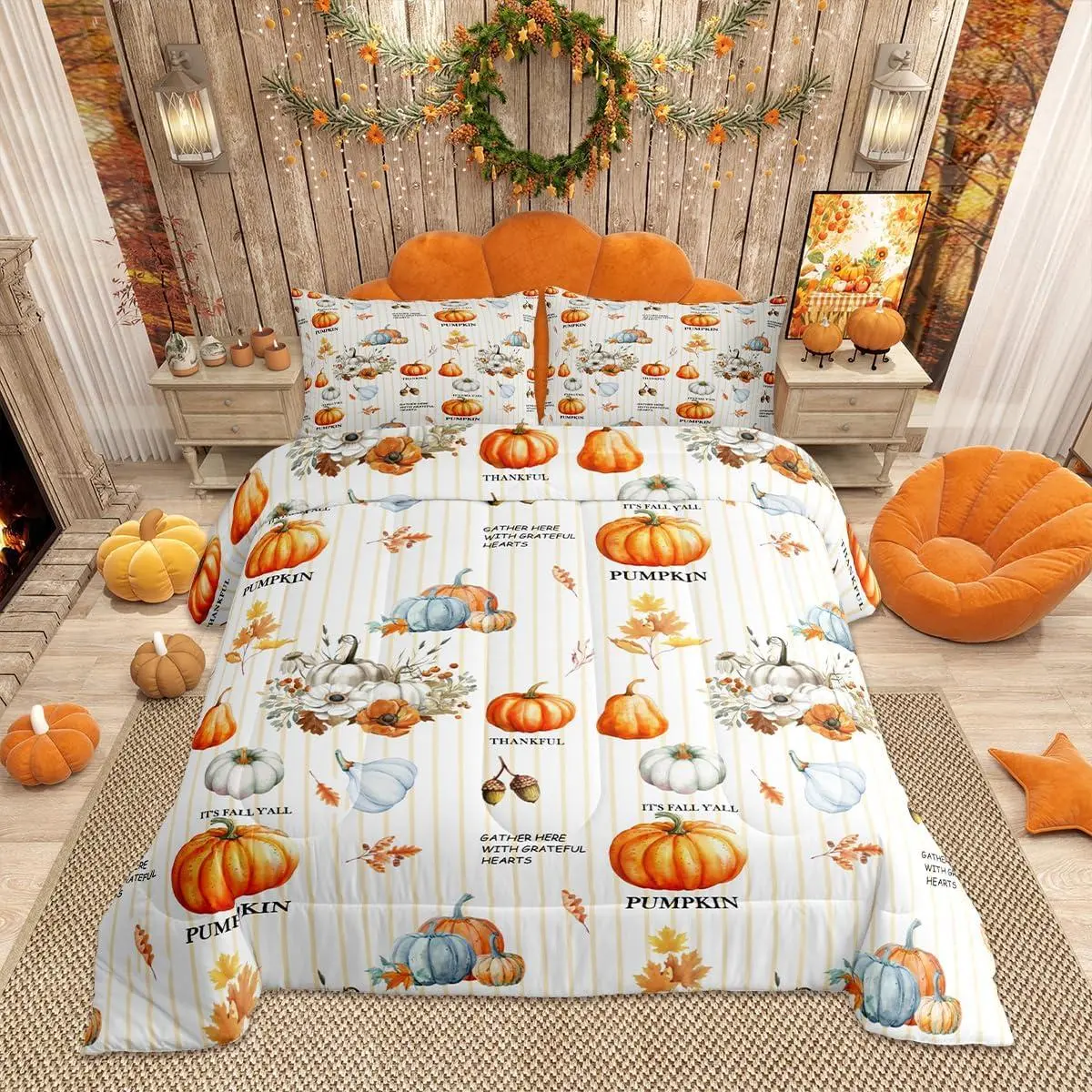 Fall Theme Pumpkin Bedding Set Maple Leaves Comforter Set Vintage Yellow White Stripes Quilt Set Women Bedroom Decor Rustic Farmhouse Plants Duvet Insert