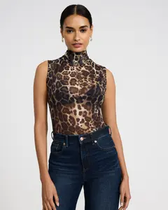 Express Mesh Leopard Print Sleeveless Mock Neck Bodysuit