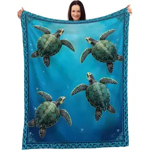 Emily gift Oceanic Tranquility Blanket - Serene Sea Turtles in Aquatic Blue - Ideal for Turtle Lovers - Marine Life Inspired Decorative Throw for Home and Outdoors