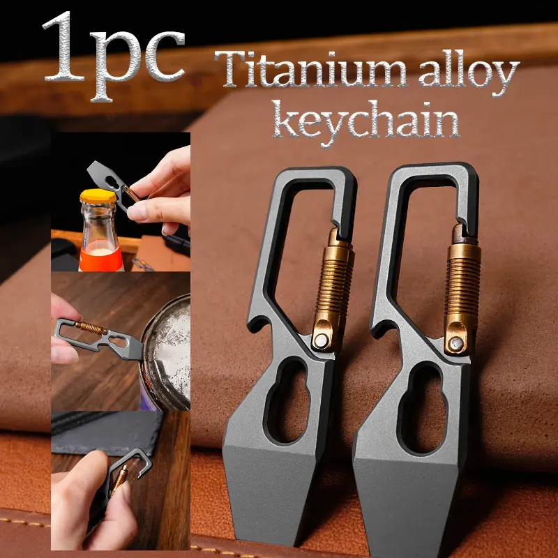 Titanium Coated Gold Men's Keychain - Multi-Function Gadget, Bottle Opener, Kitchen Utensil for Outdoor Lovers Metal Silvery Grey