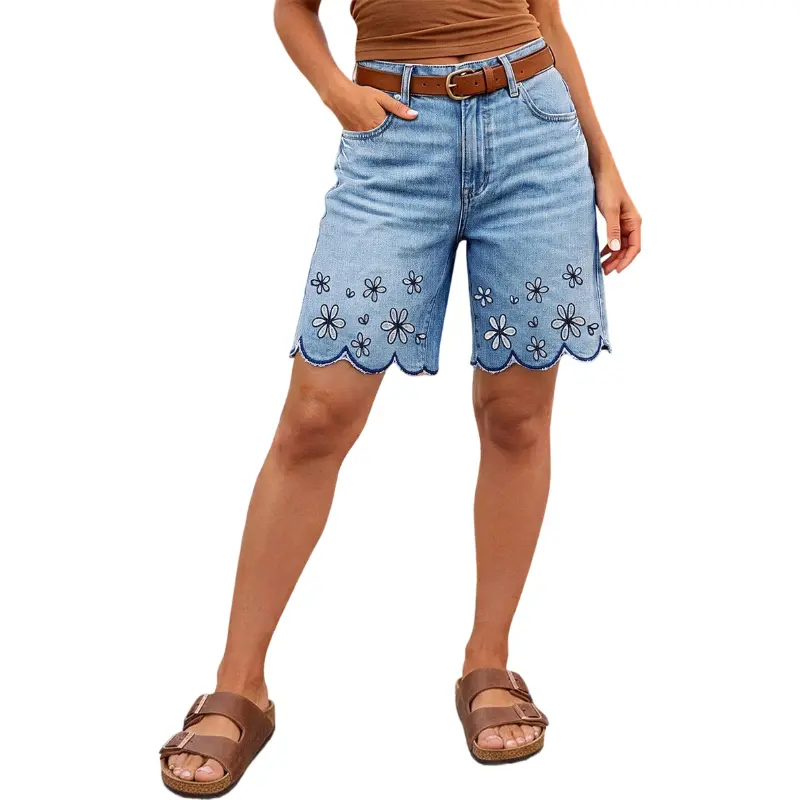 Flamingals Floral Embroidery Scallop Trim Mid Rise Denim Bermuda Shorts Womenswear Stretchy 9.1" Inseam Summer