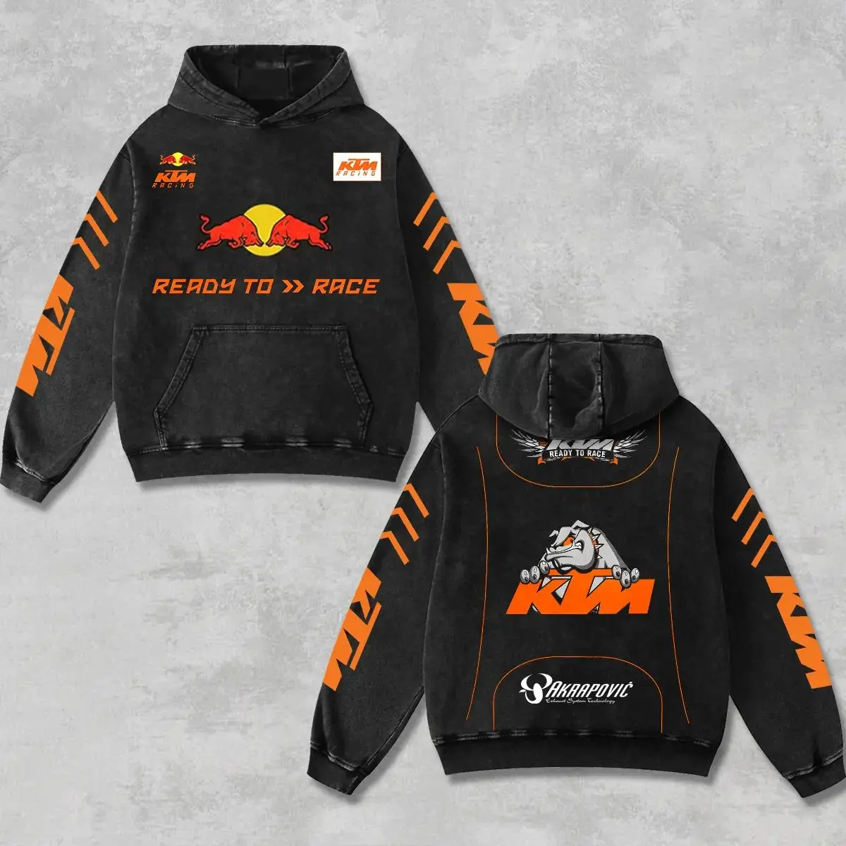 Retro KTM Racing Washed Hoodie Vintage Motorcycle Graphic Hooded Sweatshirt for Motocross Dirt Bike Fans Off Road Biker Streetwear Heavyweight Unisex Pullover Grunge Y2K Moto Racing Apparel Gift for Men Women USA Style Hoodie