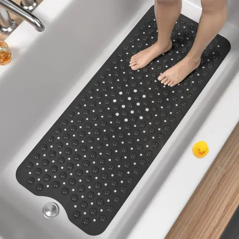 Non-Slip Extra Long Soft PVC Bathroom Mat (40x16 in) - Shower-Safe, Suction Cup Anti-Skid Bathtub Accessories, Drain Holes, Machine Washable, Barefoot Cushion, Reusable, for Bathrooms (Black, Gray, Blue, Clear)