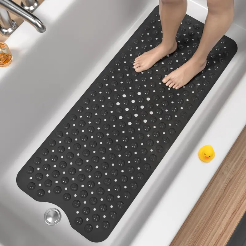 Non-Slip Extra Long Soft PVC Bathroom Mat (40x16 in) - Shower-Safe, Suction Cup Anti-Skid Bathtub Accessories, Drain Holes, Machine Washable, Barefoot Cushion, Reusable, for Bathrooms (Black, Gray, Blue, Clear)