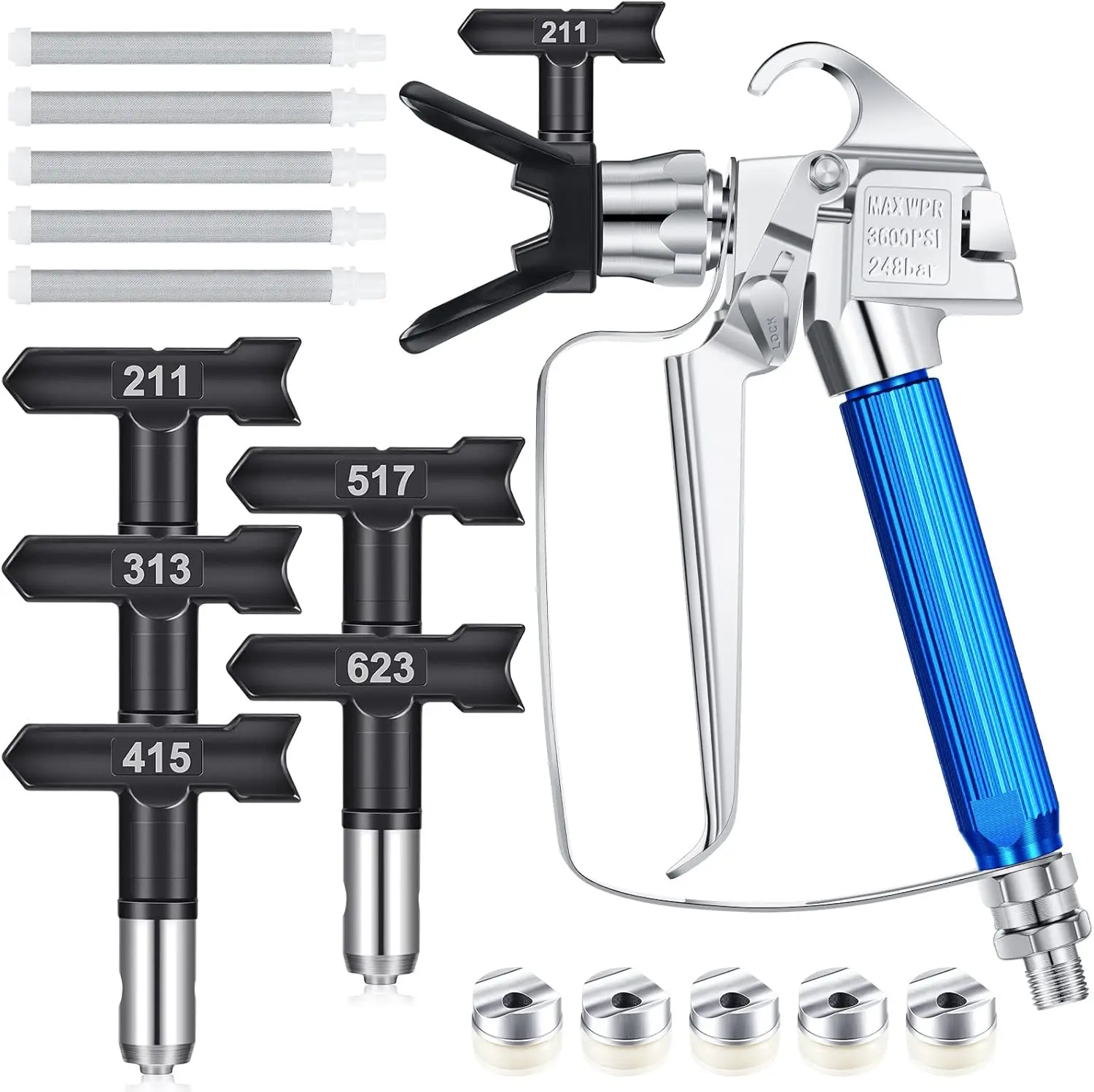Industrial Airless Spray Gun Kit (12Pcs) with Tungsten Steel Nozzle Guard, Steel Parts, Reversible Spray Tips (211,313,415,517,623), 1/4-In Adapter, Filter, Clogs Reduced for Doors, Fences, Long-Term Use