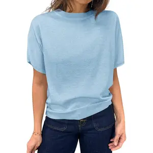 Imily Bela Womens Short Sleeve Sweater Casual Basic Crew Neck Loose Knit Pullover Tops Summer Lightweight Blouses