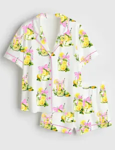 Women’s Coquette When Life Gives You Lemons Retro Fancy Lemon Print Short Sleeve Satin Pajama Set, Unique PJs with Design, Matching Family Sleepwear Set, Satin Pajama Set For Men Women Kids