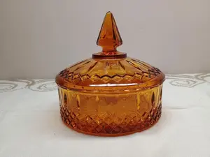 VTG Amber Indiana Glass Candy Dish Princess Diamond Point Powder Dish w/Lid