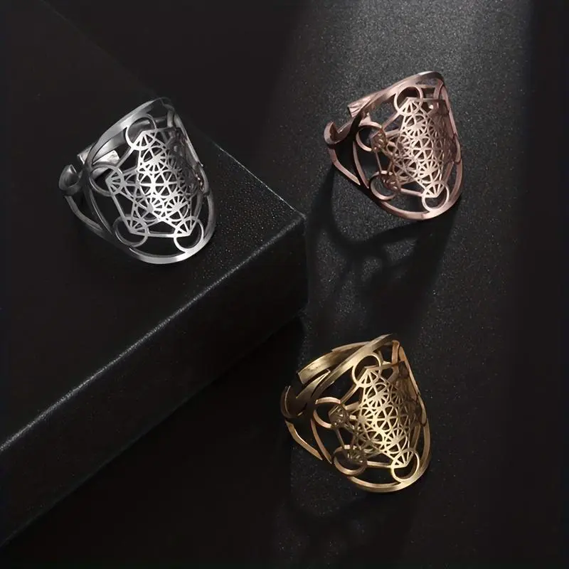 Women's 304 Stainless Steel Metatron Signet Ring - 1pc, Adjustable Size, Archangel Design, Solomon Geometric Pattern, Lotus Flower Accent, Engagement Fashion Costume Jewelry, Archangel Michael, Lotus Accents, Female, Flowers, Engagement Rings, Metatron's,