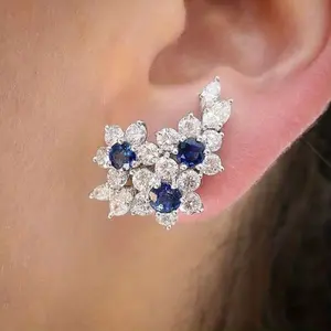 Flower-Shaped Silver-Plated Blue Sapphire Stud Earrings for Women - Elegant Luxury Ear Climbers for Party, Wedding & Banquet | High-End Birthday, Bridal & Valentine's Gift