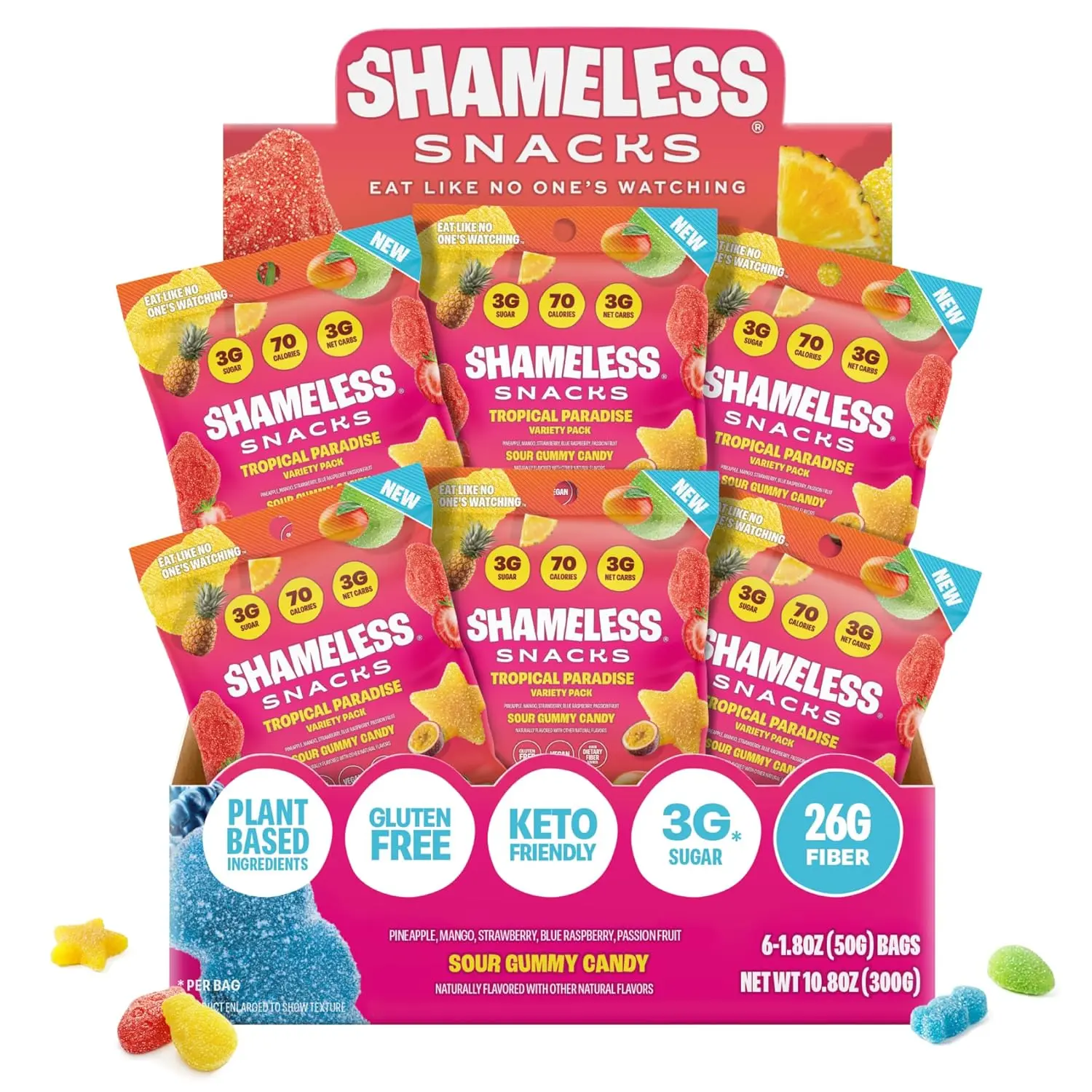 Shameless Snacks Tropical Paradise Mixed Bag  Sour Gummy Candy & Fruit Snacks, 5 Tropical Flavors, Low Sugar, Gluten-Free, Vegan, Adults