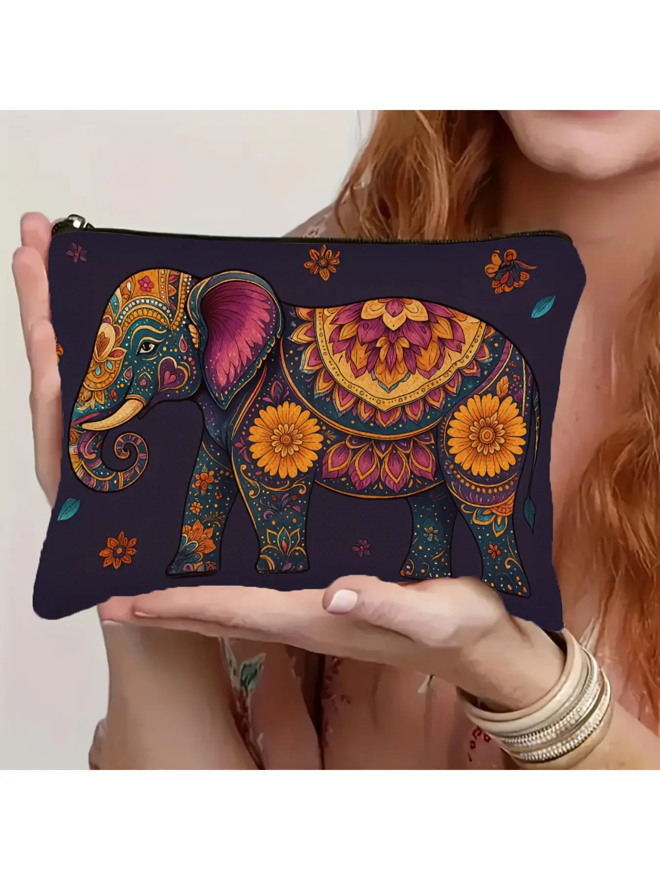 Vibrant Purple Elephant Print Makeup Bag - Durable Polyester Multi-Functional Zipper Travel Pouch for Toiletries, Storage & Clutch Use - Portable Handbag for Women, Thoughtful Gift for Friends & Teachers, Toiletry Travel Bag Hanging, Colorful Design,