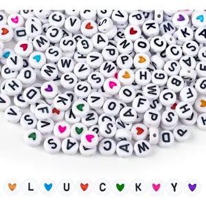 1000PCS Colourful Letter Beads for Threading 4 x 7MM A-Z White Letter & Colourful Heart Acrylic Round Beads for DIY Jewellery Making Crafts Bracelets Necklaces Ornaments