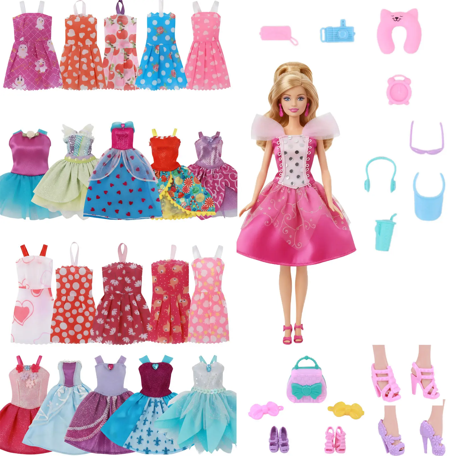 23 Piece Set Doll Accessories Doll Clothing Set Doll Outfit Doll Clothes Set Including 10 Doll Dresses & 13 Accessory Pieces Like Doll Shoes Handbags Studs Perfect for Playtime Fun Dolls Clothes Accessories