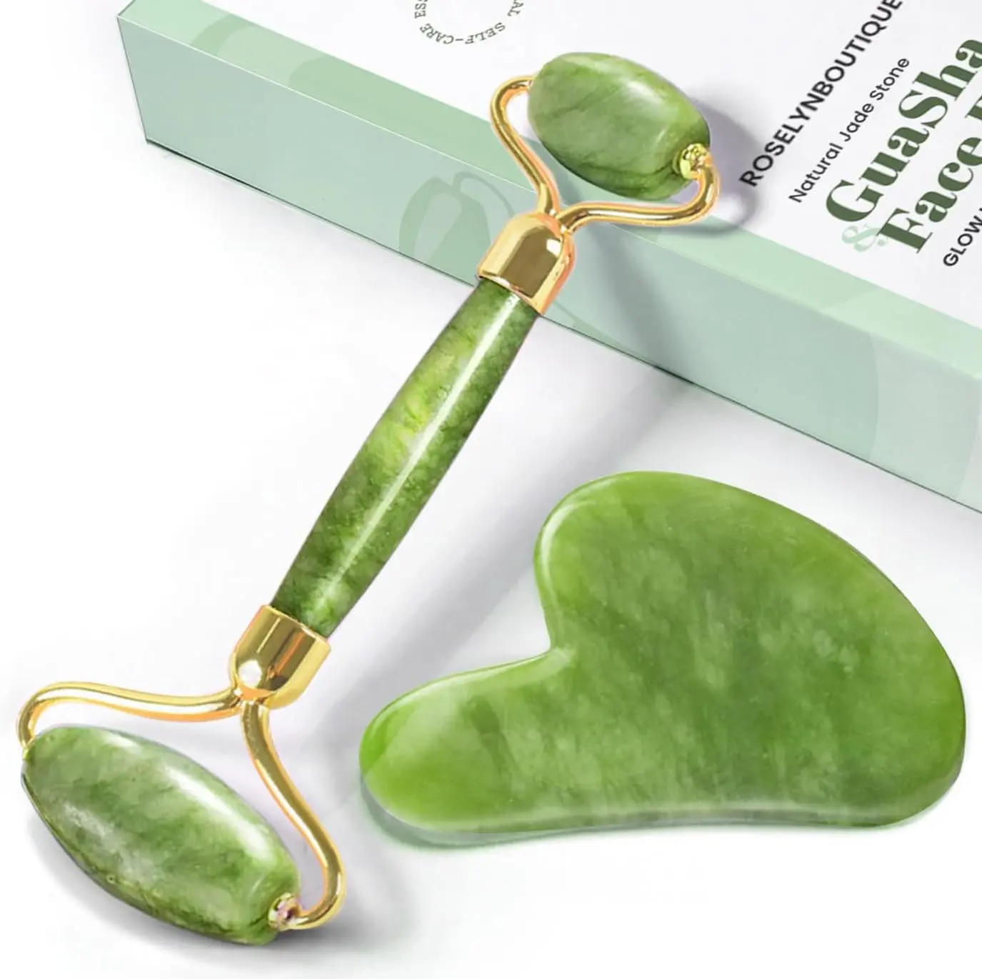 Gua Sha Facial Tools & Jade Face Roller for Lift Wrinkless Natural Skincare Tool Jade Roller Guasha Tool for Face (Green)