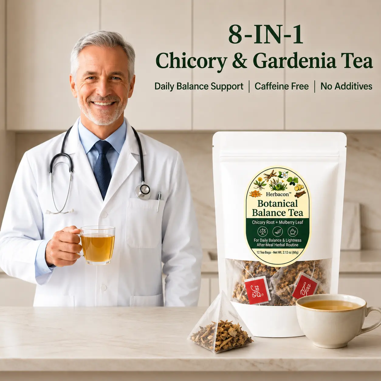 Herbaeon Chicory & Gardenia Herbal Tea Bags, 8-Herb Botanical Blend with Dandelion Root, Cinnamon & Orange Peel, 12 Count