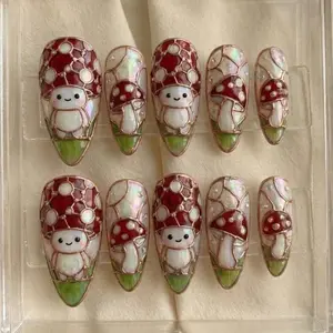 Luxury 3D Mushroom Stained Glass Press On Nails, Kawaii Toadstool Iridescent Nail Art