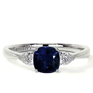 Square Cushion Blue Sapphire Three Stone Ring With Pear Shape Side Diamonds (1.09cttw)- RBS061-5X5-AA