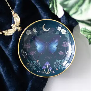Midnight Theme Circular Decorative Plate - Moth Motif Trinket Dish with Floral Accents, Metallic Edge for Kitchenware and Tableware Display