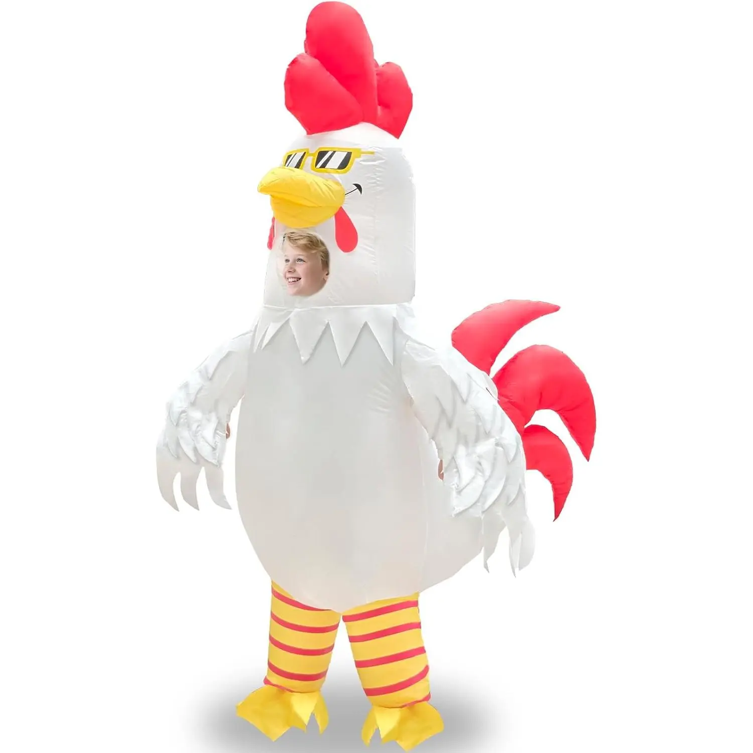 Halloween White Rooster Inflatable Costume for Kids Cosplay Party | Funny Chicken Wearing Sunglasses Full Body Blow Up Costumes for Boys Girls, Visible Face Halloween Inflatable Costume