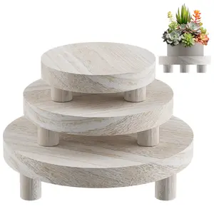kitchenware  Wood Stand Indoor, 3 PC Wooden Stool Display Stand 6/8/10" Round Riser Decorative Small Planter Tray Organiser Racks