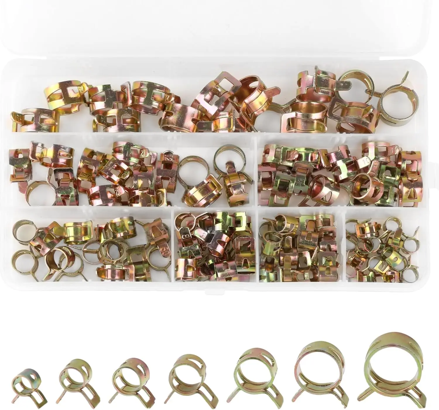 Pack of 105 Fuel Line Hose Clamps Attachment Hose Spring Clips Petrol Hose Clamps 7 Sizes 6/7/8/9/10/12/14 mm Petrol Pipe Clamps Set for Water Pipe Air Hose