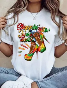 Women's Juneteenth "Steppin' Into" High Heels Graphic T-Shirt, 100% Cotton, Black Pride Casual Summer T Shirts for Women