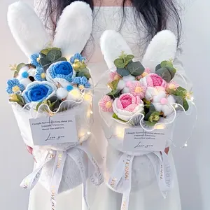 Cute Knitted Plush Bunny Ears Rose Bouquet, Soft Cuddly Gift, Valentine's Day Gift for Friends, Birthday Gift for Bestie, Mother's Day Gift for Girls