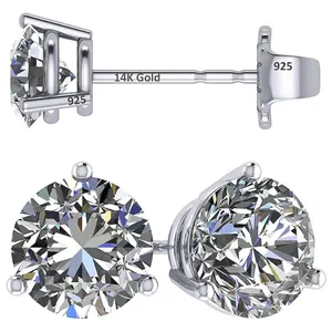 14K Gold Post & Sterling Silver Made with Swarovski Zirconia 3 Prong Martini Style Stud Earrings 1.0ct to 4ct