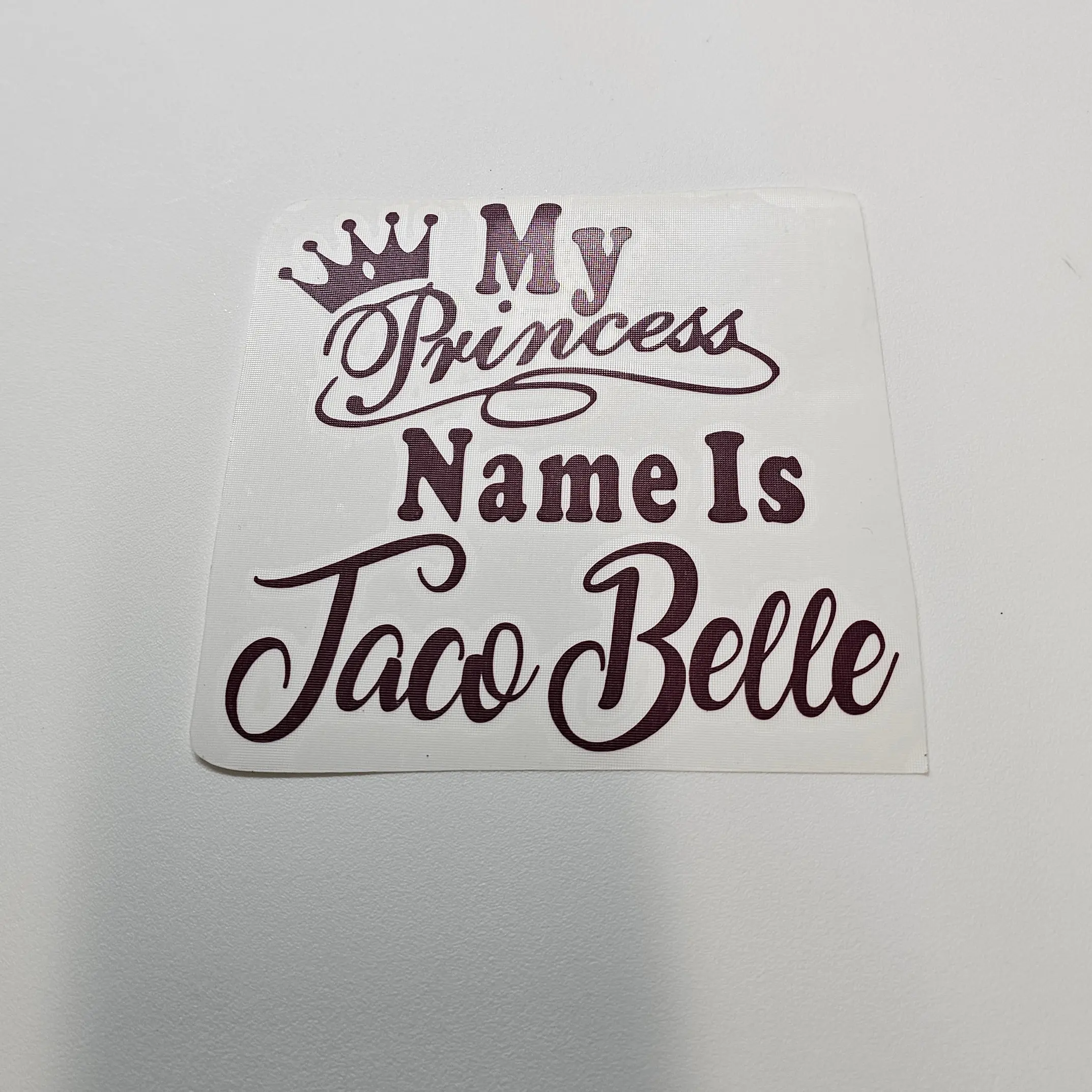 "  my princess name is taco belle " vinyl decal 5 x 5 inches black