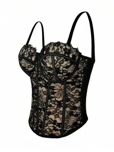 ARTYOTI Women's Black Lace Floral Trim Bustier Corset Shapewear Casual Summer