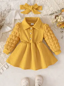 Ginger Square Neck Bubble Sleeve Knit Dress + Bow Hairband Set, Autumn Winter Sweet Princess Style, Two-Piece