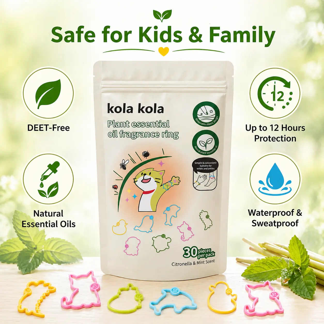 Kola Kola mosquito repellent bracelets, made with natural plant essential oils - 30 bracelets per pack, suitable for adults and children, made of silicone, for outdoor travel protection.