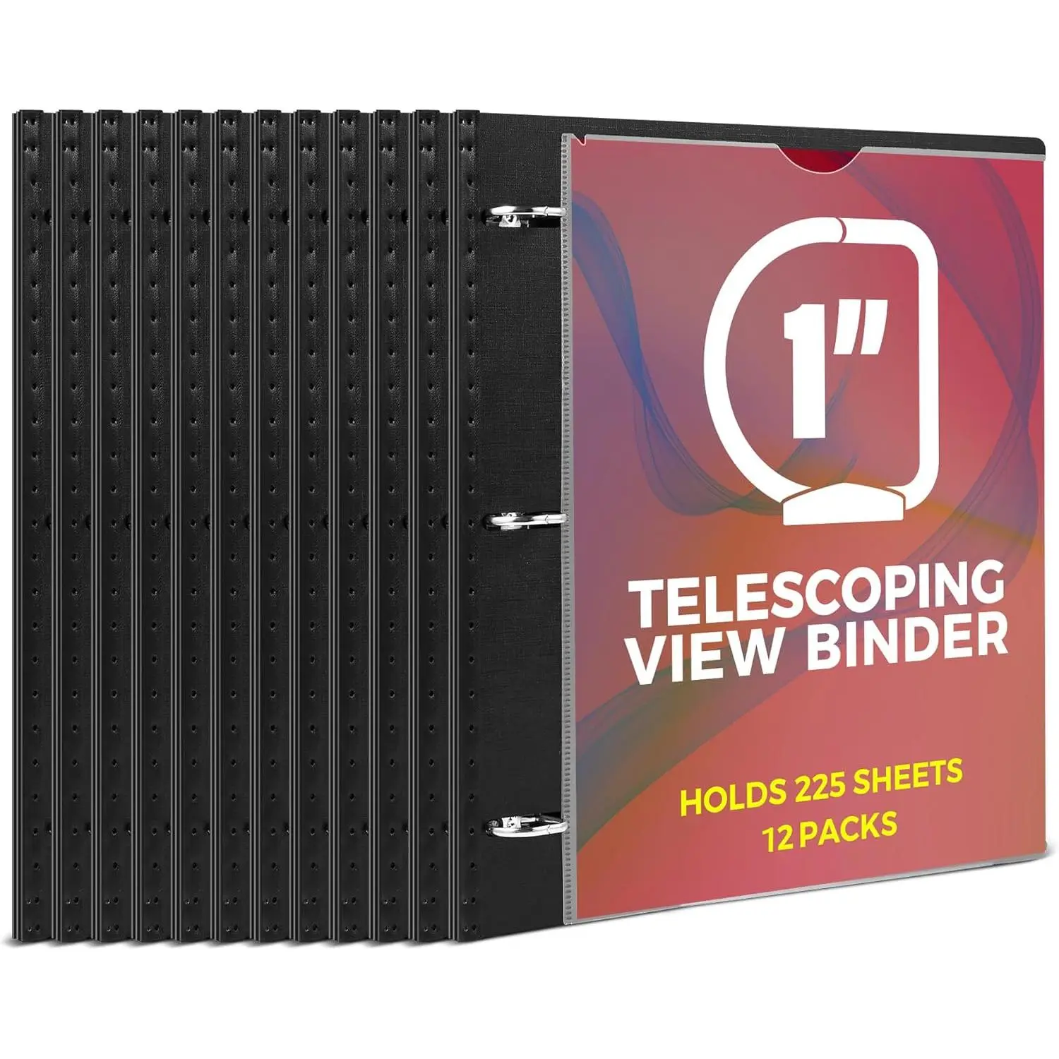 1 Inch Telescoping 3 Ring Binder-12PCS, Flexible Binder with Customized Front Cover, Holds 225 Sheets, School Office Supplies, Black